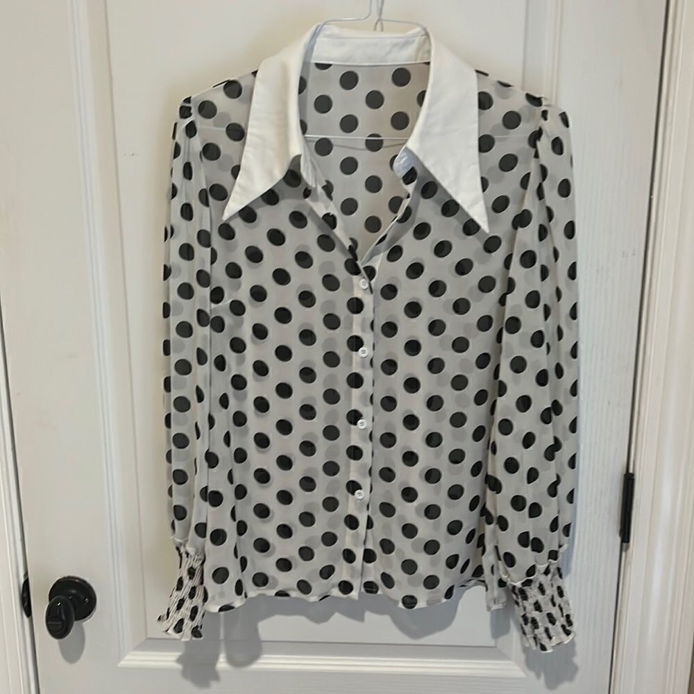 New Sheer Polka Dot Blouse with White Collar and Ruched sleeves
